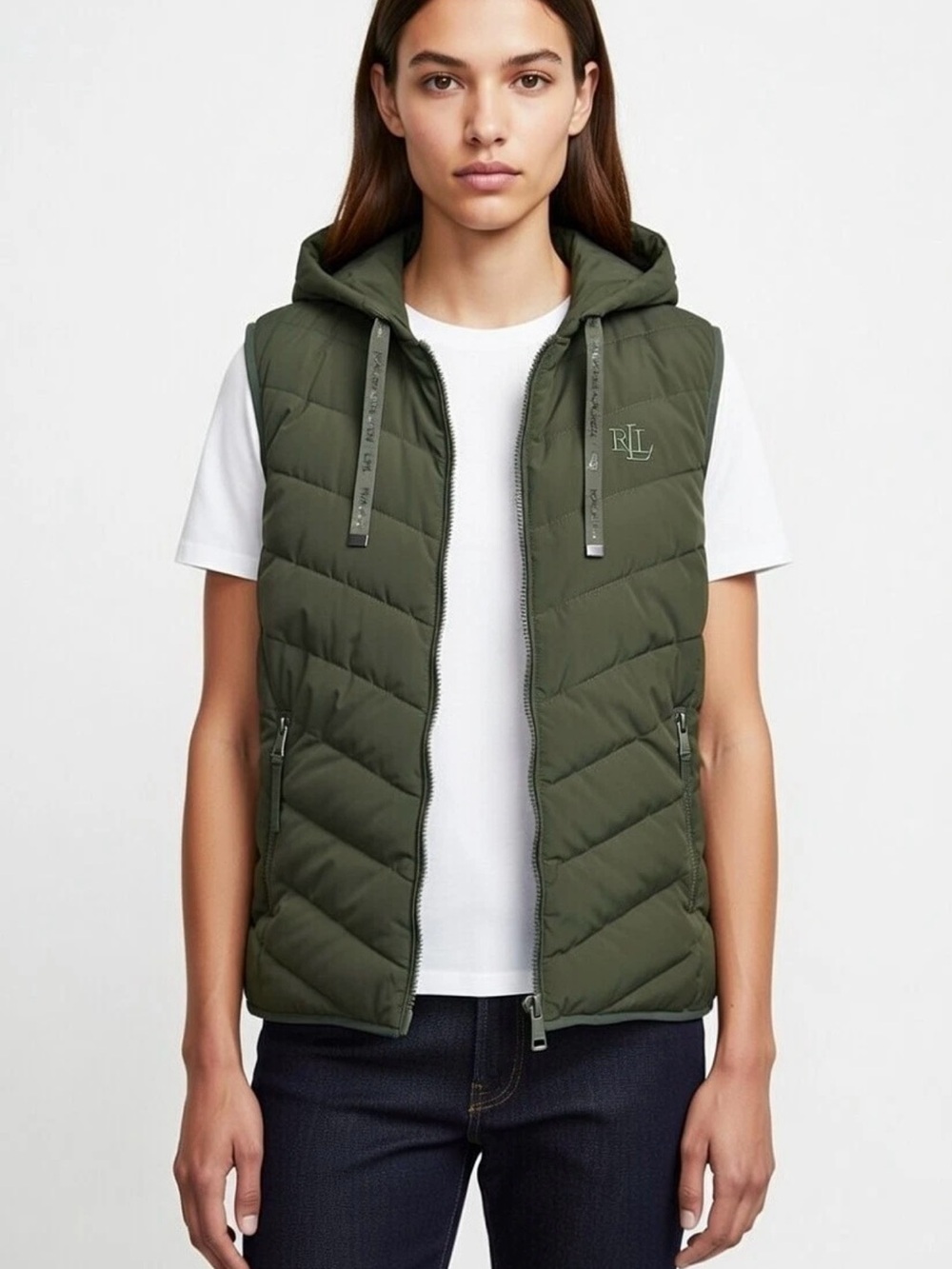 Ralph Lauren Olive Green Quilted Hooded Puffer Vest - Black Label